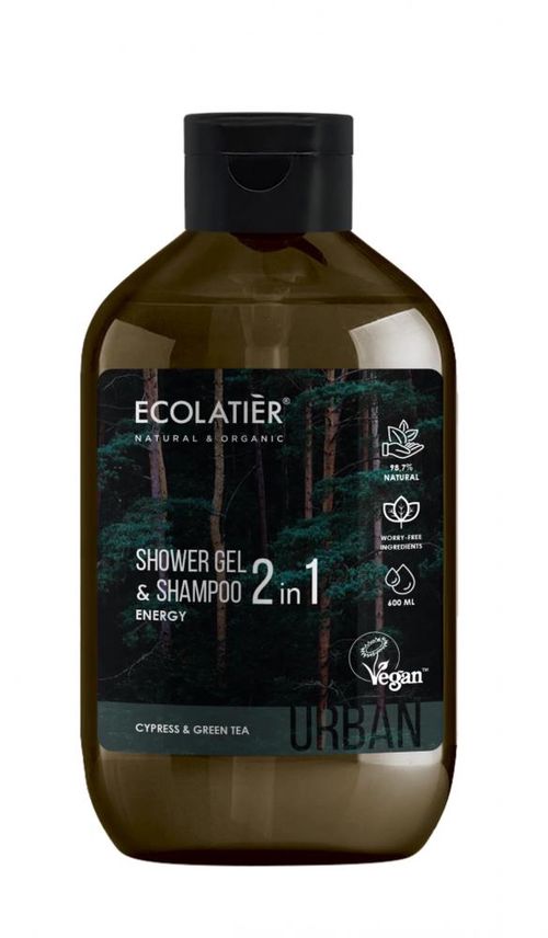 ECOLATIER URBAN - Pánský sprchový gel a šampon 2v1 – Cypříš a Zelený čaj, 600ml