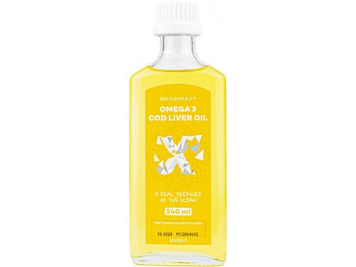 BrainMax - Omega 3, Olej z tresčích jater, citrón, 240 ml