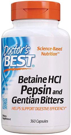 Doctor's Best Betaine HCl + Pepsin & Gentian Bitters (hořec), 360 kapslí